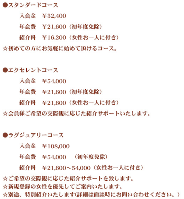 ラグジュアリー名古屋倶楽部の料金表