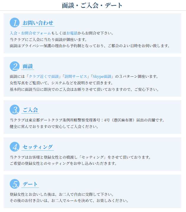 ヴェルサイユでは男性会員も面談当日の即決入会ができず、クラブ側が一度持ち帰って判断する仕組みを説明した公式案内画面